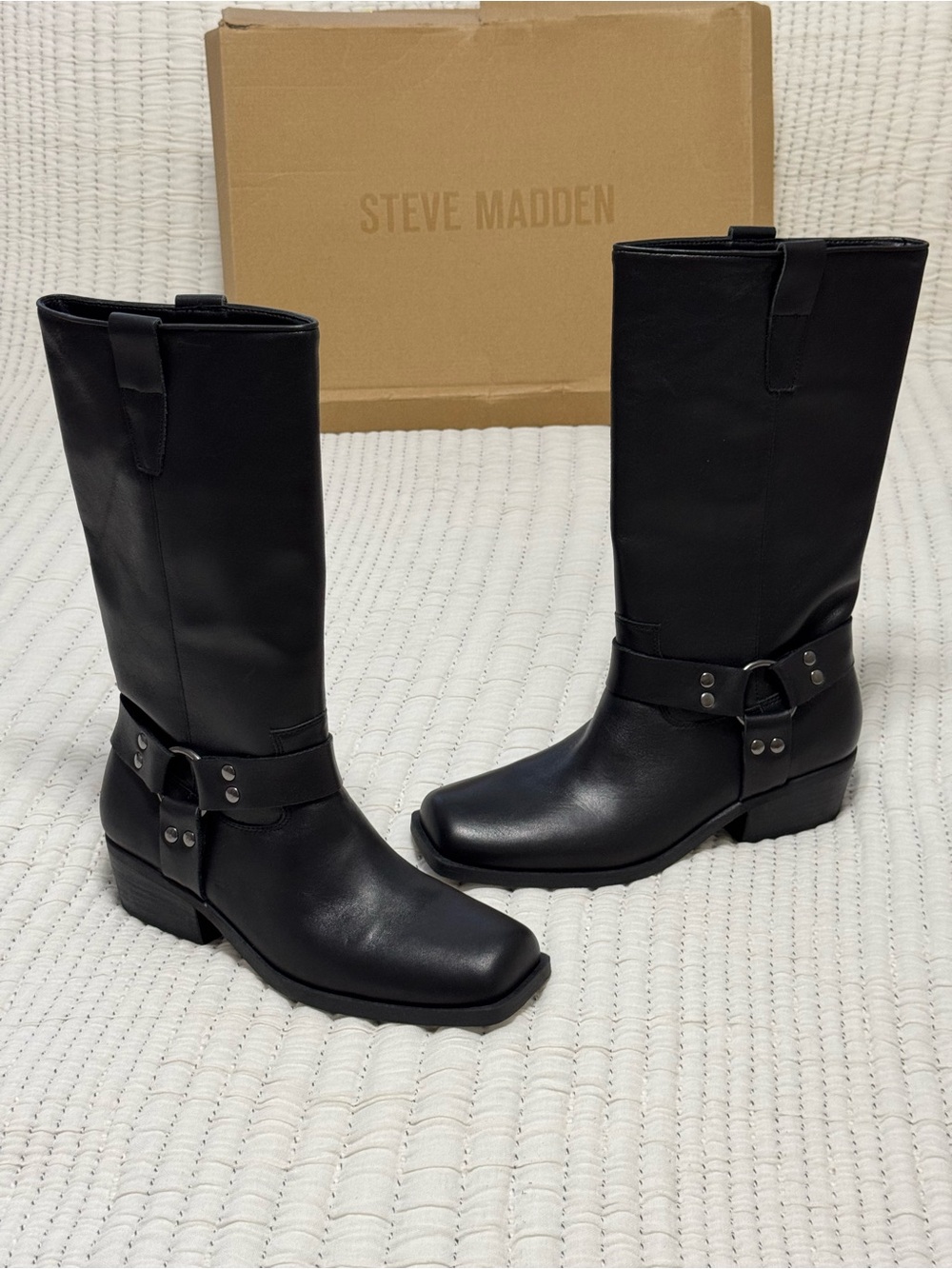 Steve Madden Black Leather Ruskin Moto Engineer Square Toe Boots Size 9.5M - Picture 3 of 6